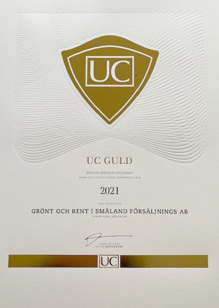 Grönt & Rent i Småland AB har högsta kreditvärdighet, UC Guld.